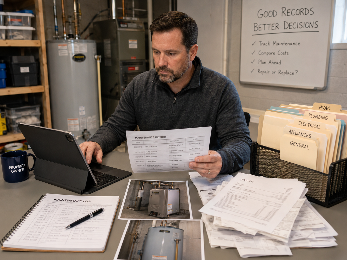 repair person looking at maintenance records